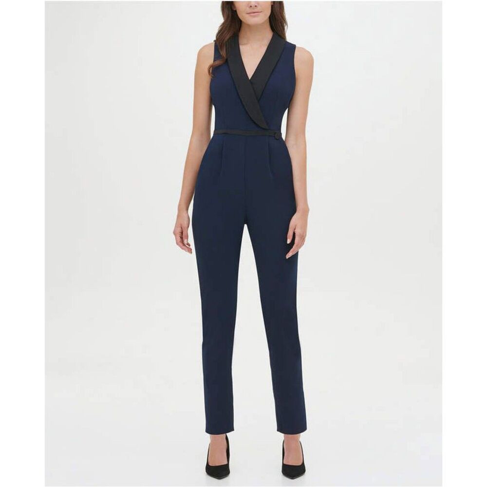 Tommy Hilfiger Navy Blue Lace Top Jumpsuit Wide Leg Sleeveless Size 8